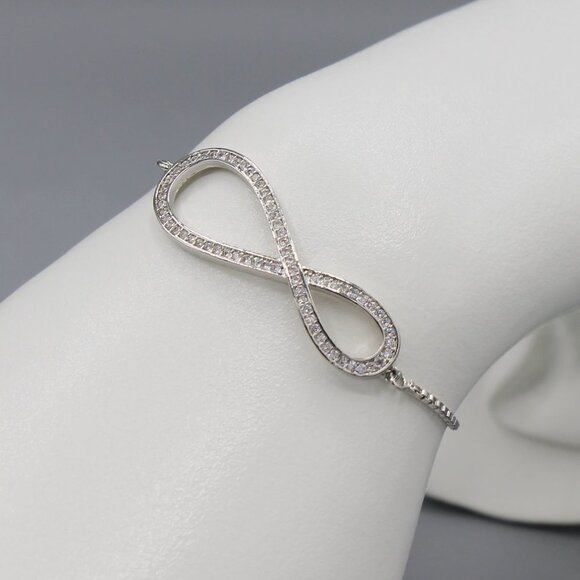 Jewelry bracelet infinity style white gold tone with stones sparkly adjustable - Picture 3 of 8